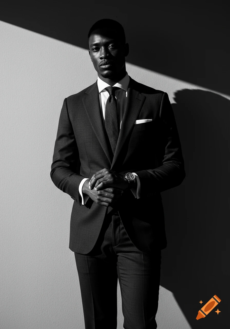 A sharply dressed man in a suit stands against a wall with dramatic angular shadows in a black-and-white portrait, adjusting his wristwatch.