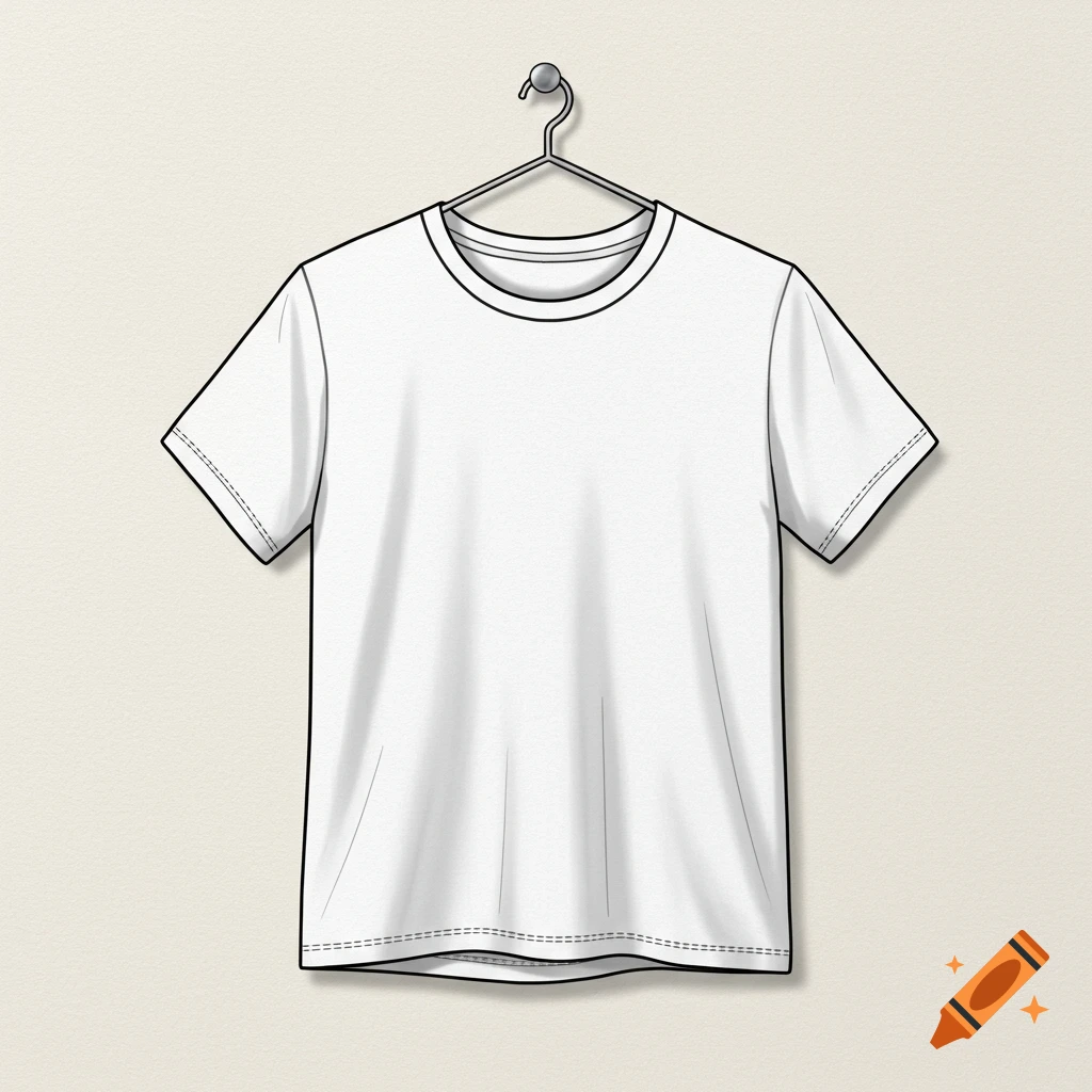 Simple line art illustration of a white t-shirt hanging on a wire hanger against a light background.