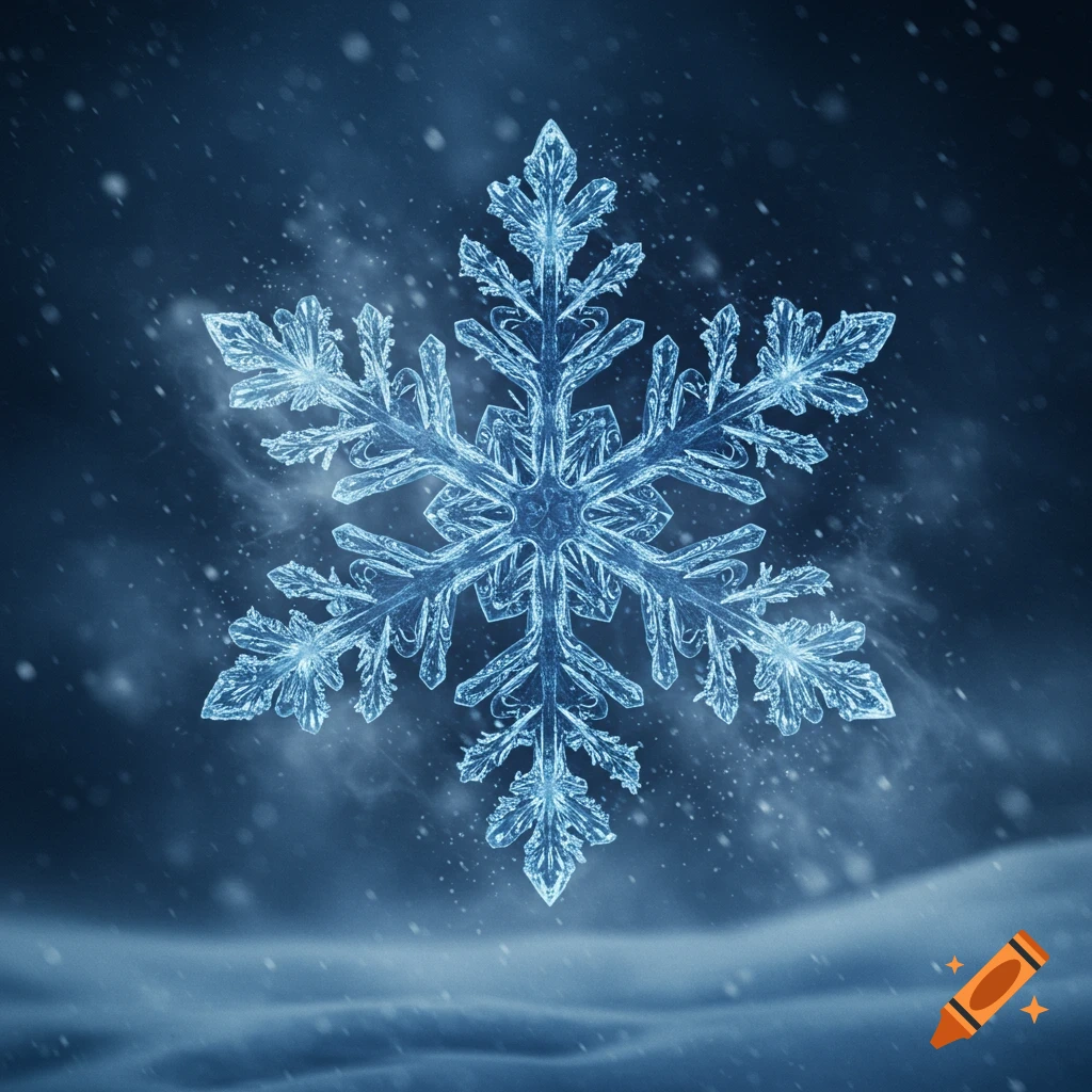 A glowing blue snowflake with intricate patterns against a dark, snowy background with falling snow.