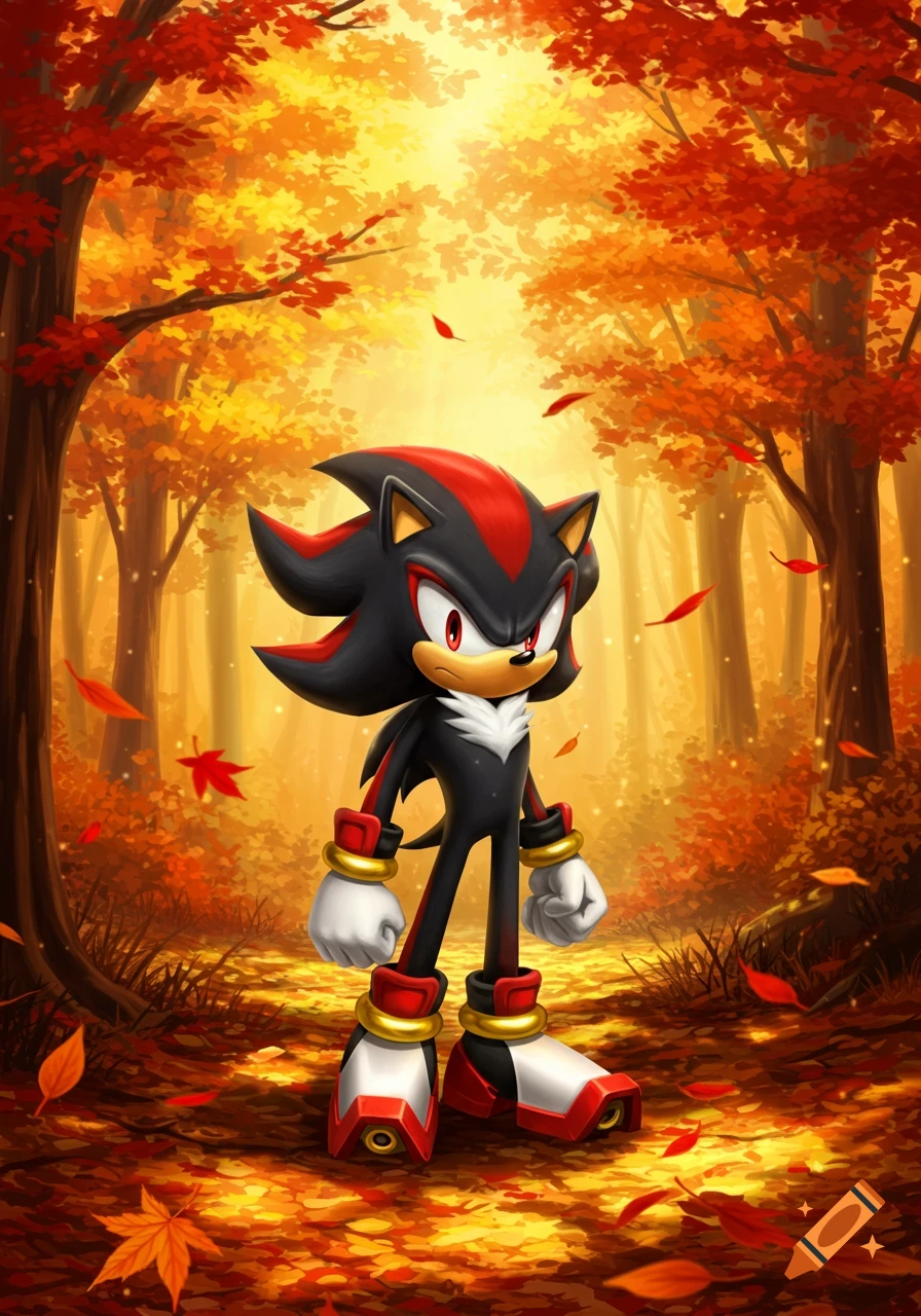 Shadow the Hedgehog stands in a vibrant autumn forest with bright orange and red leaves on trees and on the ground.