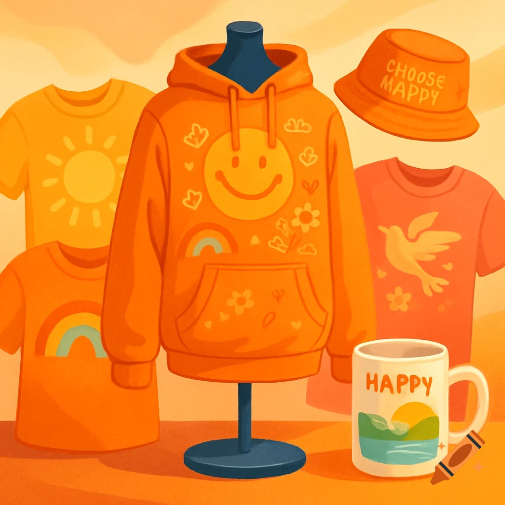 An orange hoodie on a mannequin, two orange t-shirts, a bucket hat, and a mug. All items feature cheerful designs like a smiley face, sun, rainbow, and birds.