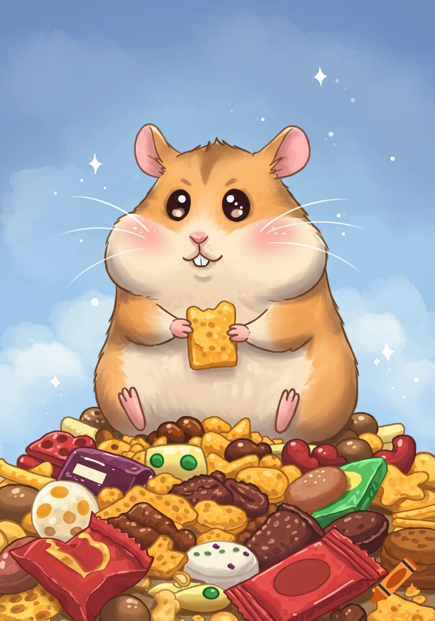 A cute cartoon hamster with full cheeks sits on a large pile of colorful snacks, holding a cracker, against a blue sky.