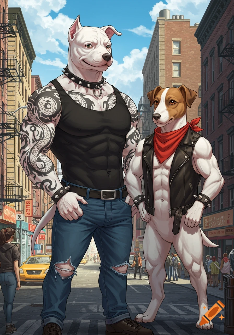 Anime-style drawing of a muscular anthropomorphic white Pitbull and Jack Russell terrier posing on a crowded Brooklyn street.