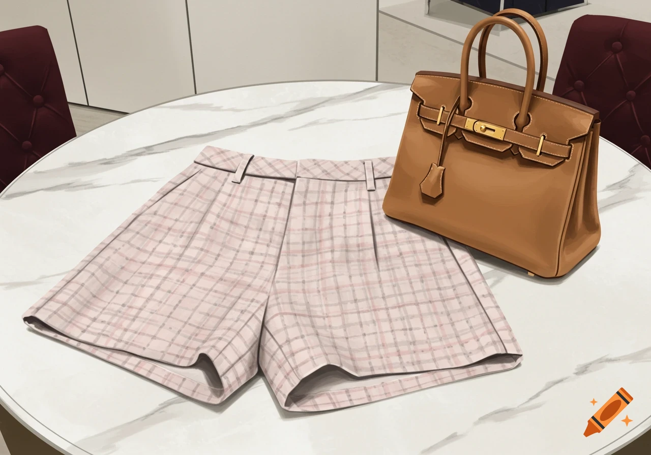 A pair of light pink plaid shorts and a tan leather handbag with gold hardware sit on a white marble table.