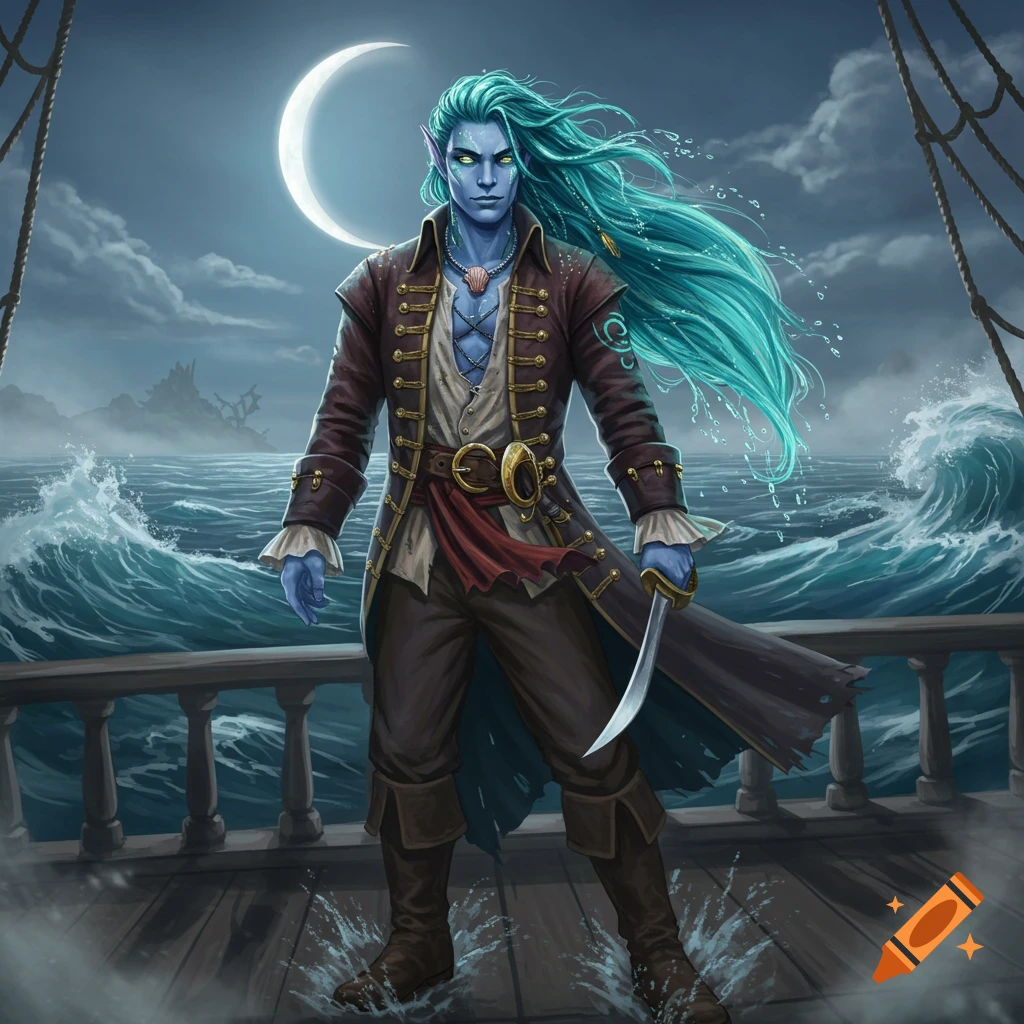 A blue-skinned water genasi pirate with long teal hair stands on a ship deck under a crescent moon, holding a dagger on a stormy sea.