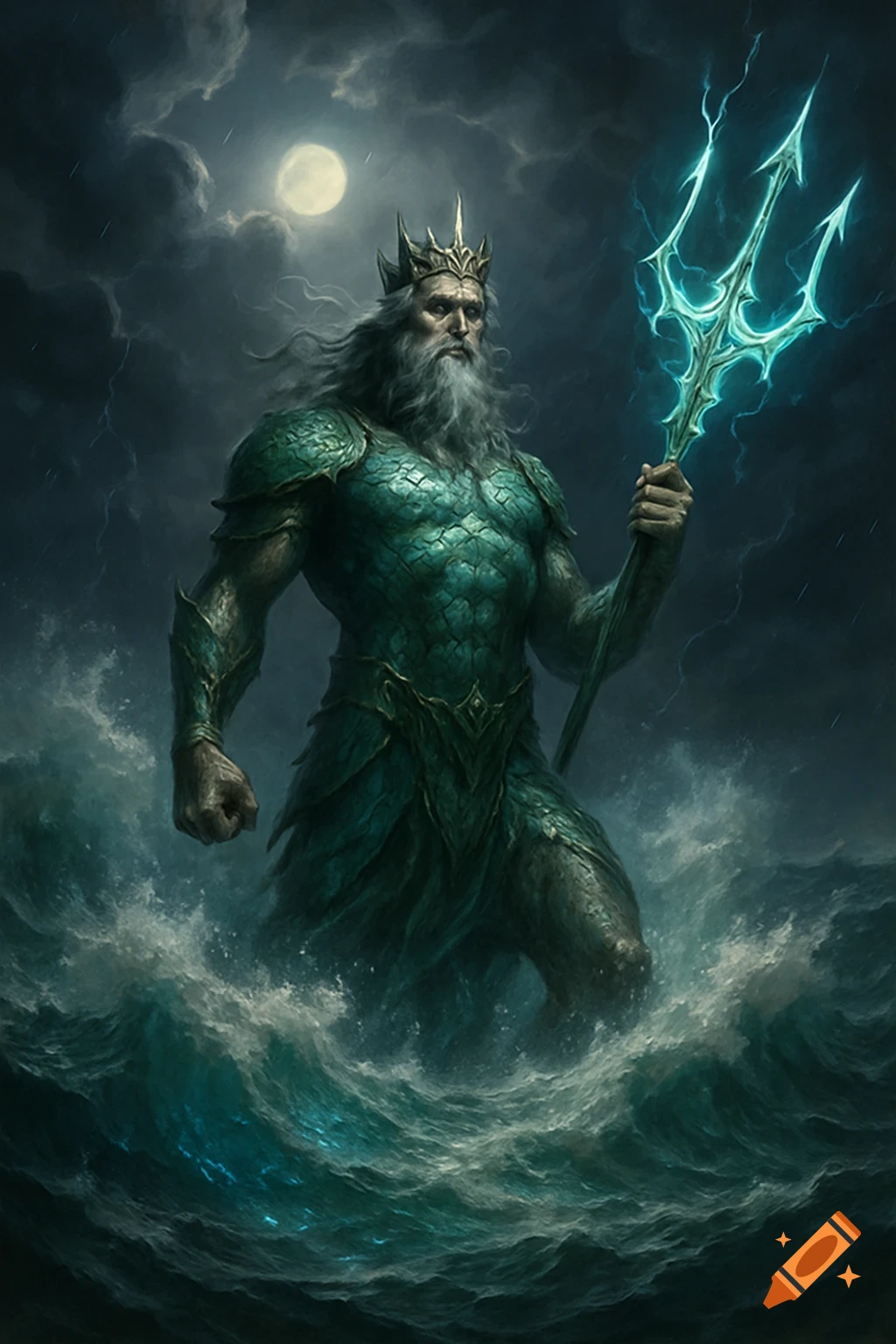Poseidon, the Greek god, with a white beard and crown, stands in stormy seas under a full moon, holding a glowing trident.
