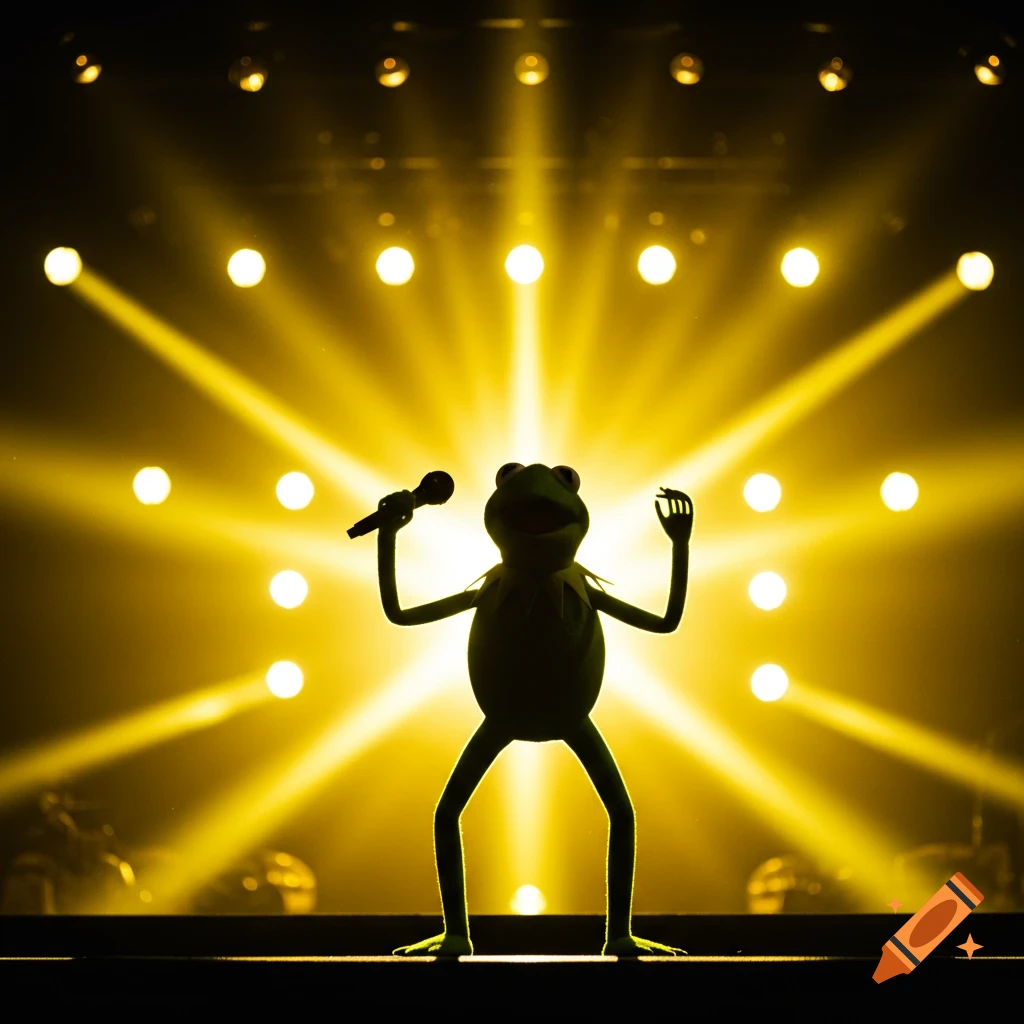Kermit the Frog's silhouette holds a microphone on a stage bathed in bright yellow spotlights.