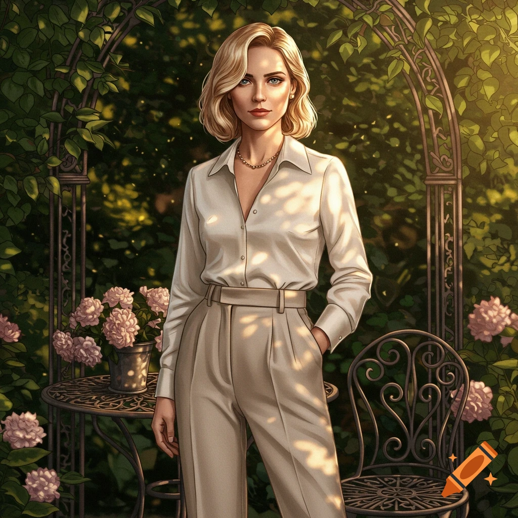 Digital art of a blonde woman in a white shirt and beige pants standing in a sunlit garden with a metal archway and flowers.