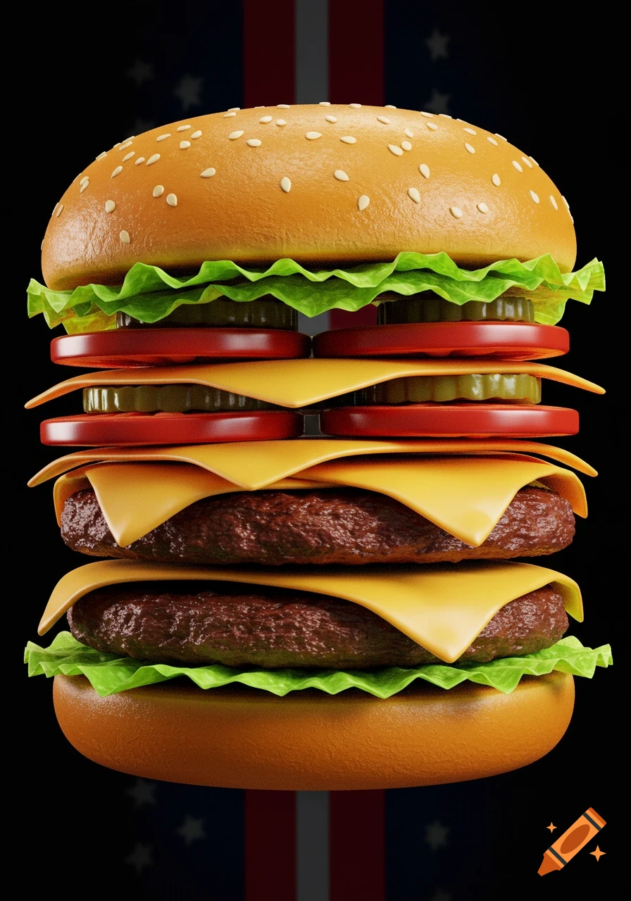 Photorealistic tall hamburger with multiple patties, cheese, lettuce, tomato, and pickles on a bun, against a blurred American flag background.