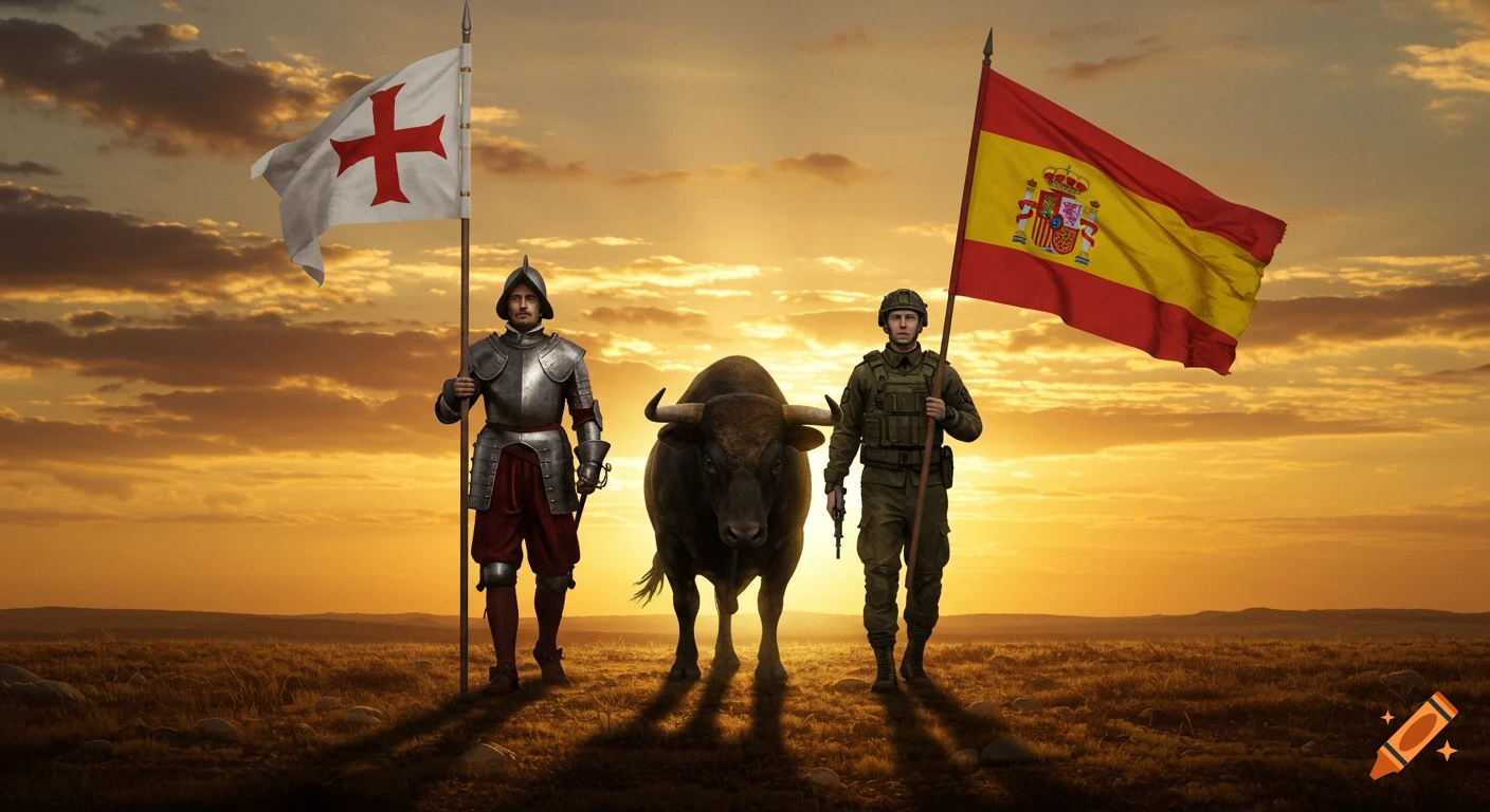 Spanish conquistador, modern soldier, and bull with flags silhouetted against a golden sunset in a field.