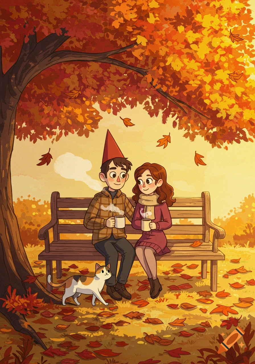 Cartoon man, woman, and calico cat on a bench under vibrant autumn leaves, holding mugs. Over the Garden Wall style.