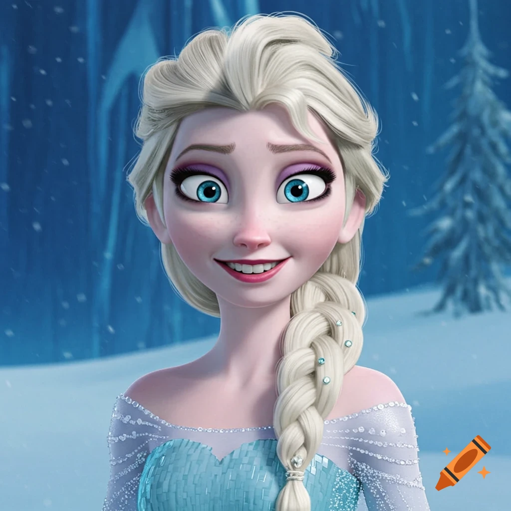 Close-up of Elsa from Frozen with an exaggerated, wide-eyed, smiling meme facial expression against a snowy background.