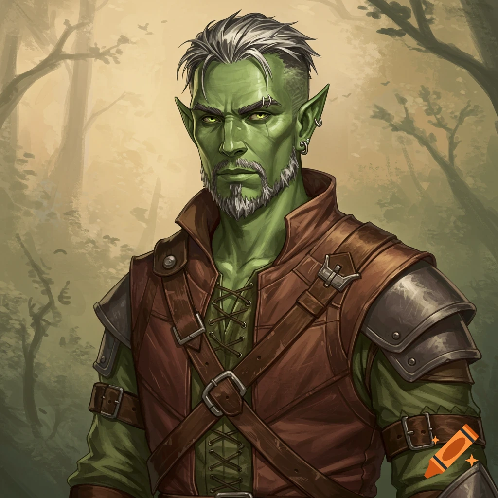 An illustration of a green-skinned fantasy man with grey hair and a goatee, wearing adventurer clothing, against a forest background.