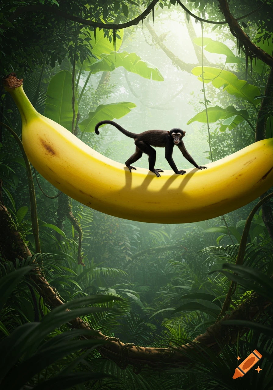 A small monkey walks on a giant yellow banana, suspended amidst lush green jungle foliage with sunlight beaming through. Digital art.