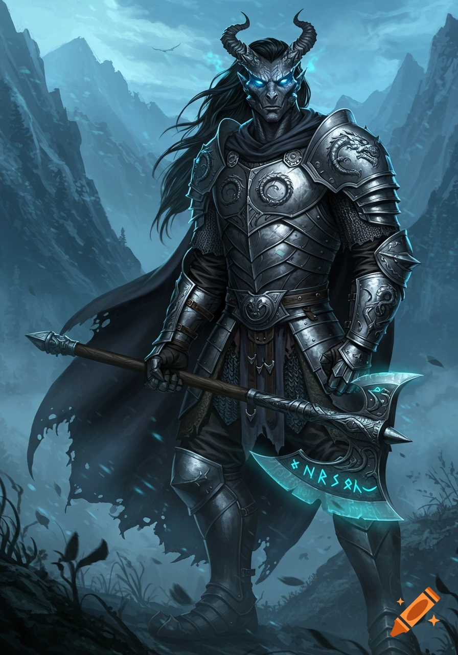 A horned warrior in ornate silver armor holds a glowing runic axe in a misty, mountainous fantasy landscape.