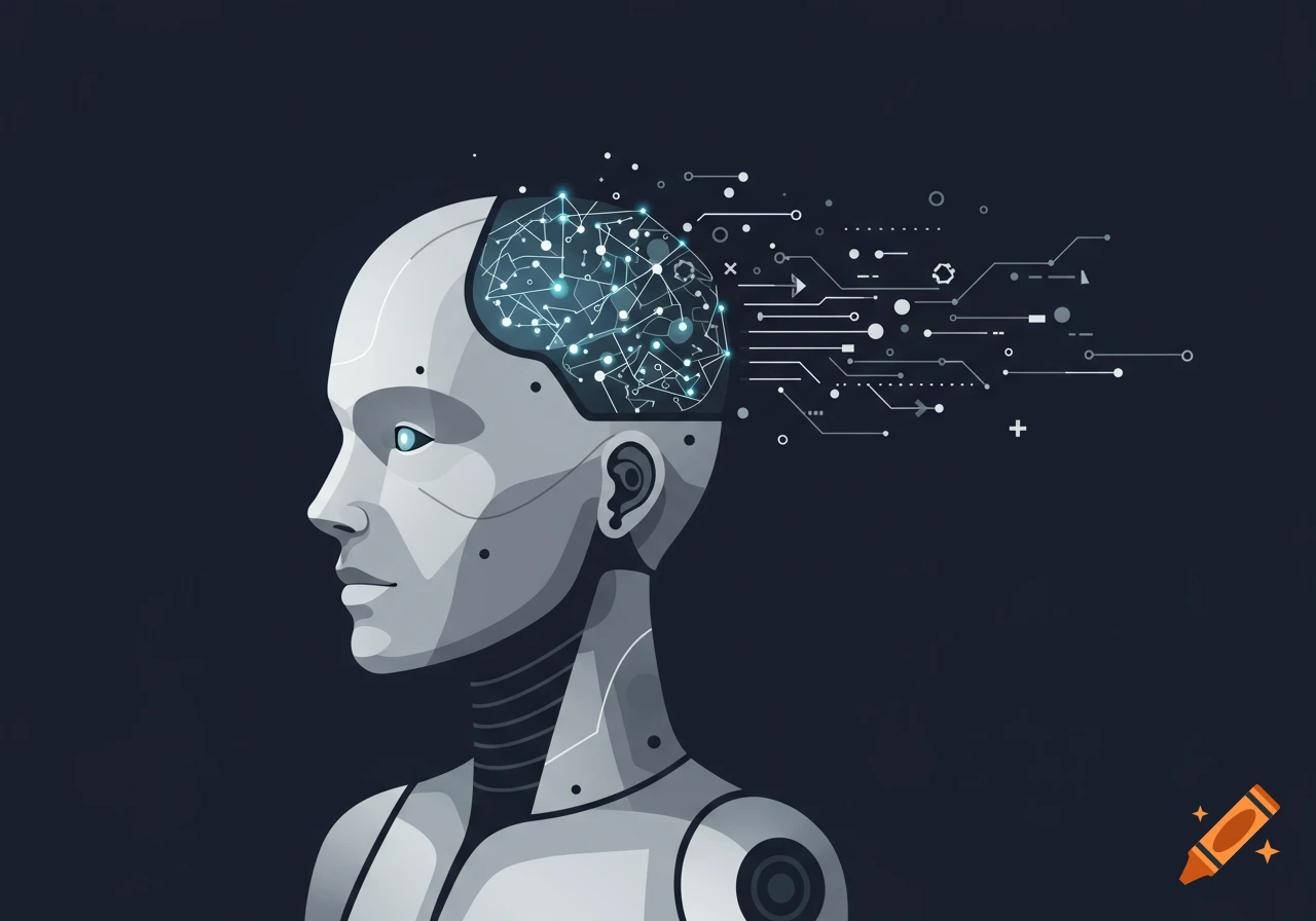 Profile view of a robot head with a glowing blue circuit brain and digital lines extending into a dark background, in a modern illustration style.