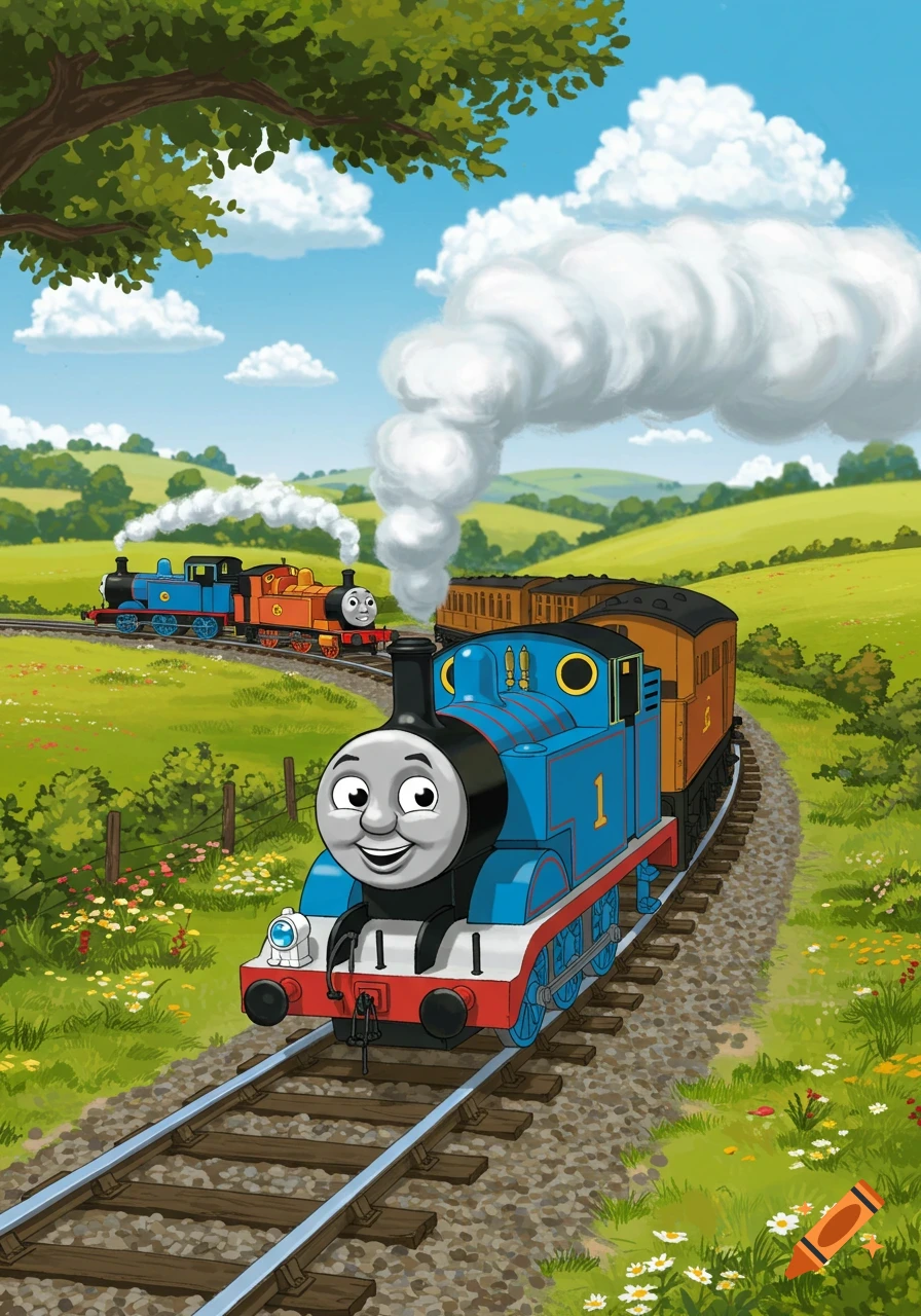 A blue train with the number 1 and an orange train smile on separate tracks through a sunny, green countryside.