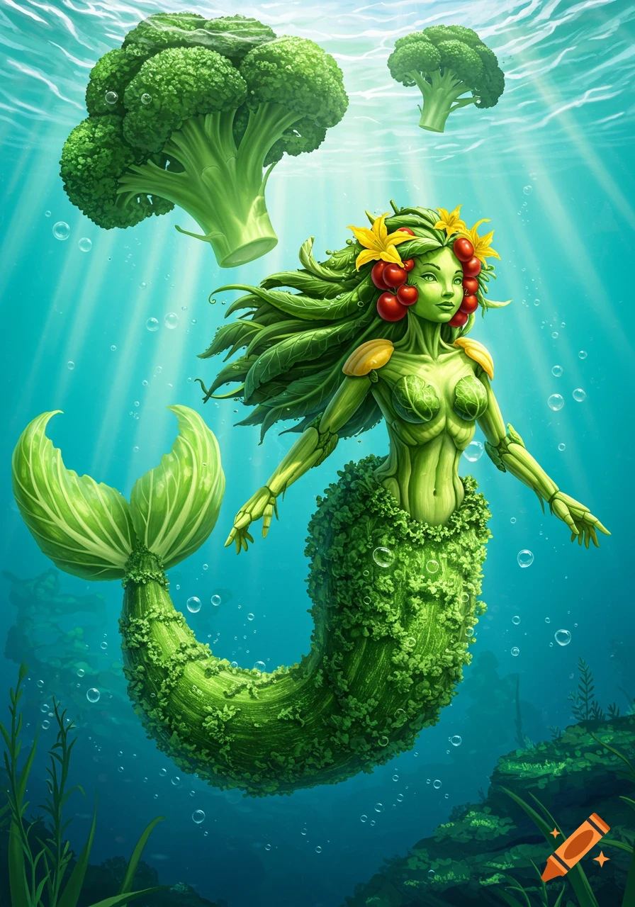 A vibrant green vegetable mermaid with leafy hair, a floral crown, and a cabbage-like tail swims underwater among floating broccoli florets.