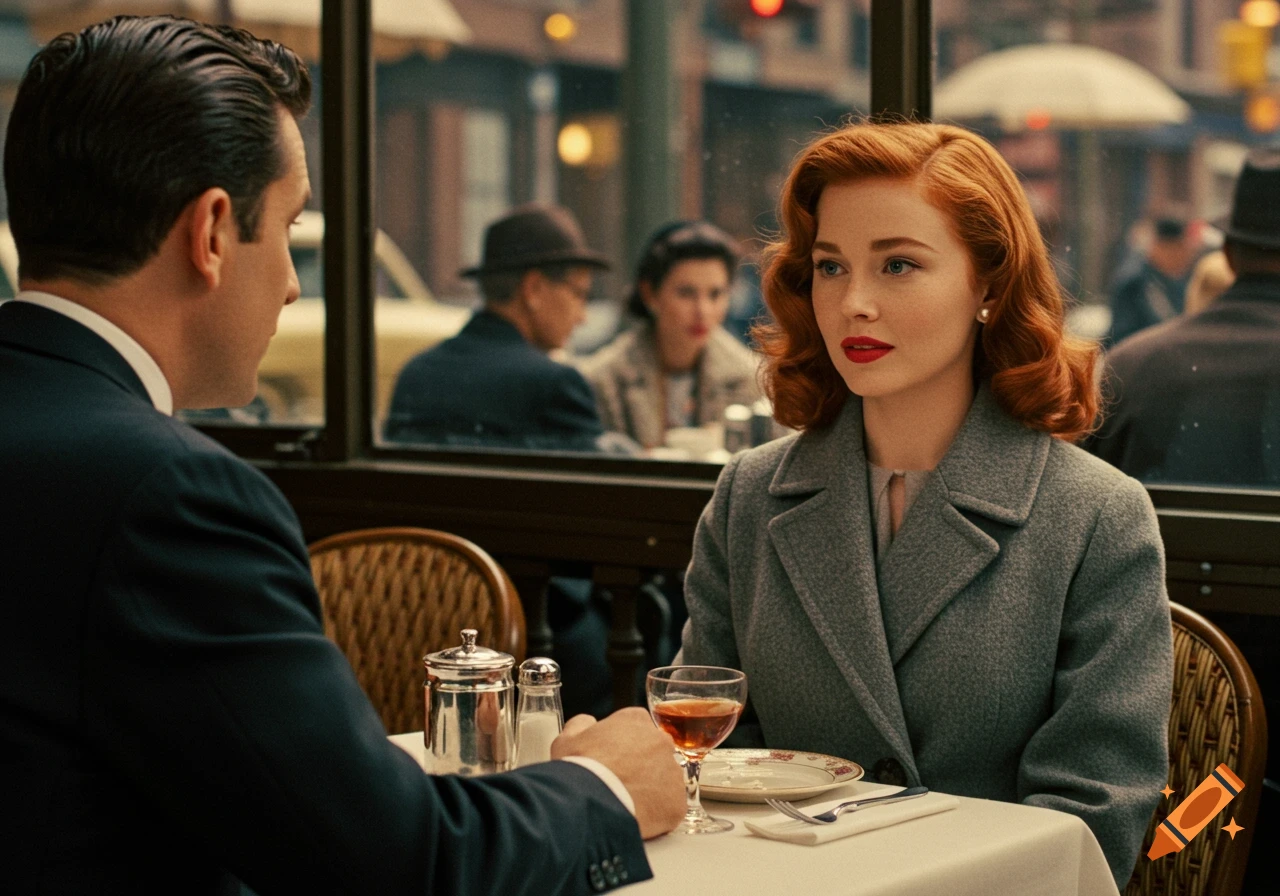 A young woman with copper hair and a man in a suit sit at a cafe table, appearing to be in a 1950s movie still.