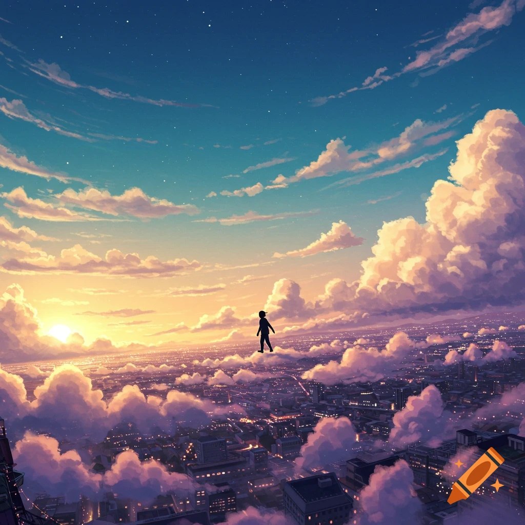 An anime-style image of a silhouetted figure walking on fluffy clouds above a vast city at sunset, with a vibrant sky.