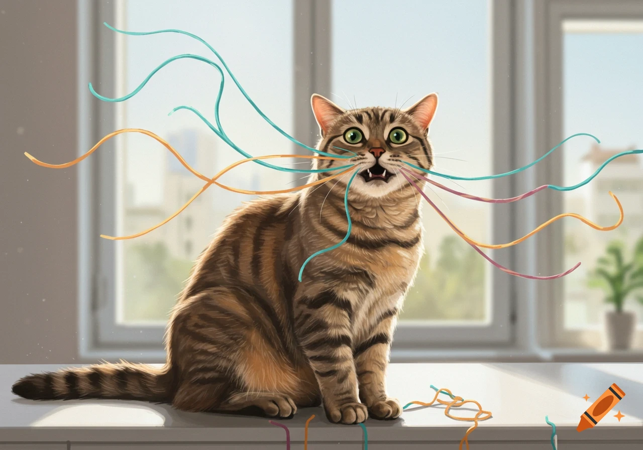 A stylized tabby cat with wide green eyes and an open mouth, surrounded by colorful swirling strings, sitting indoors by a window.