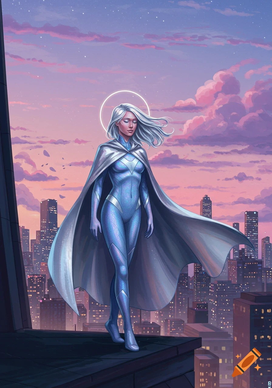 A white-haired female superhero in a shimmering blue suit and silver cape stands on a city rooftop at sunset.