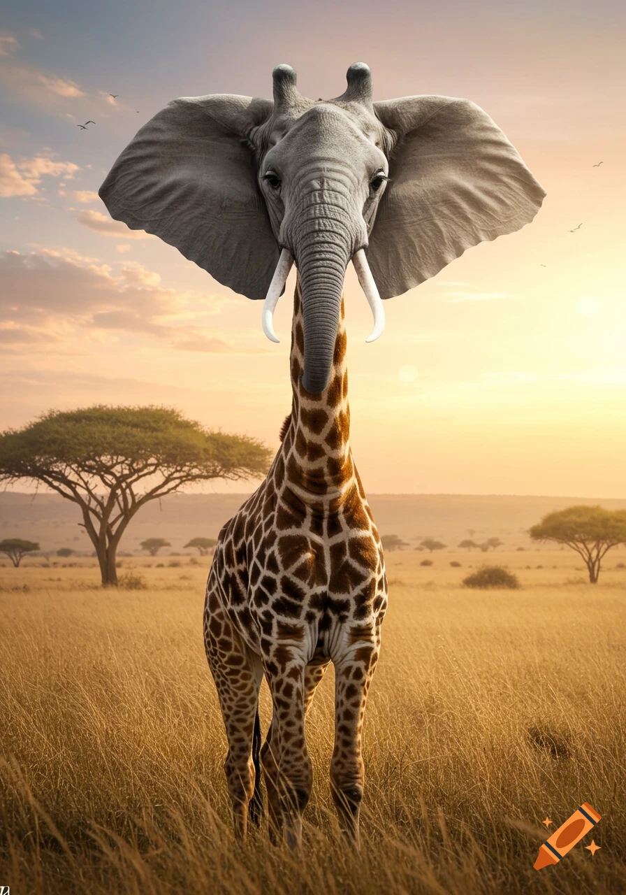 A photorealistic image of a surreal creature with an elephant's head and a giraffe's spotted neck and body, standing in a golden savanna at sunset.