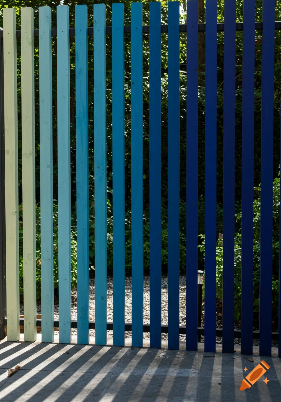 A wooden slatted fence displays a color gradient from light green to deep blue, casting shadows on the ground.