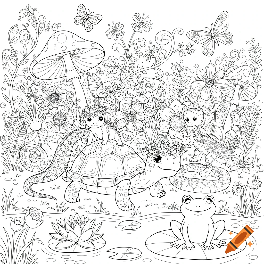A whimsical black and white coloring page featuring a garden with a frog on a lily pad, two turtles, one with a smaller creature on its back, a chameleon-like creature, a snake, mushrooms, flowers, and butterflies.