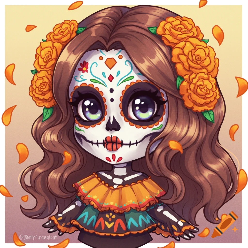A chibi character with sugar skull face paint and a crown of orange roses, wearing a colorful dress, with petals falling around her.