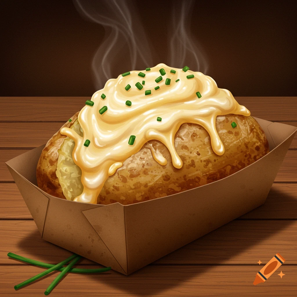 A steaming baked potato topped with melted cheese and fresh chives, served in a brown paper takeaway container on a wooden table.