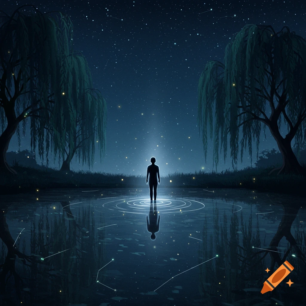 Silhouette of a person standing in glowing water under a starry night sky with large willow trees on either side, in a fantasy art style.