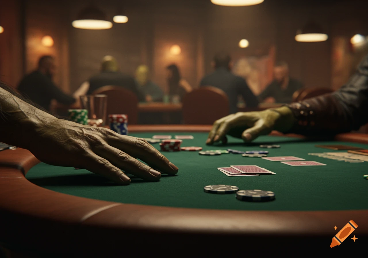 A player's POV of a poker table with an orc hand resting on the edge, chips, and cards in a dimly lit room.