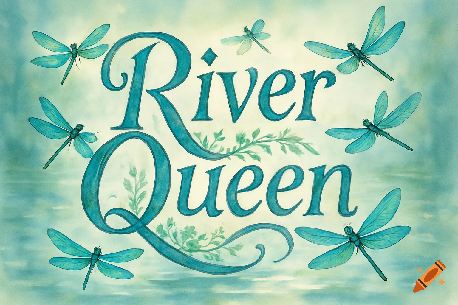 Watercolor illustration of 'River Queen' in a decorative teal font, surrounded by flying teal dragonflies on a light blue background.