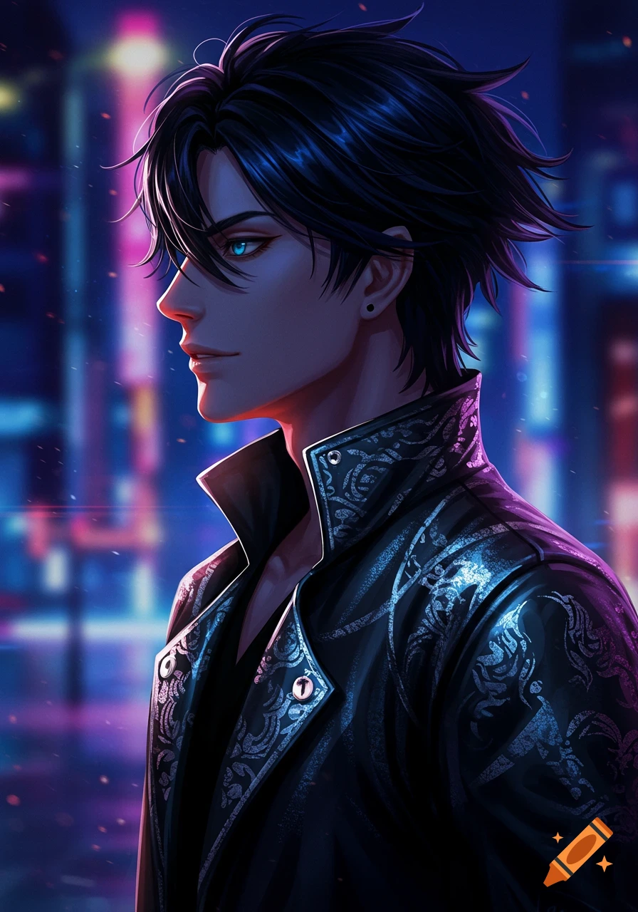 Anime man with dark hair and glowing blue eyes in a black patterned jacket, seen in side profile against a neon city night.