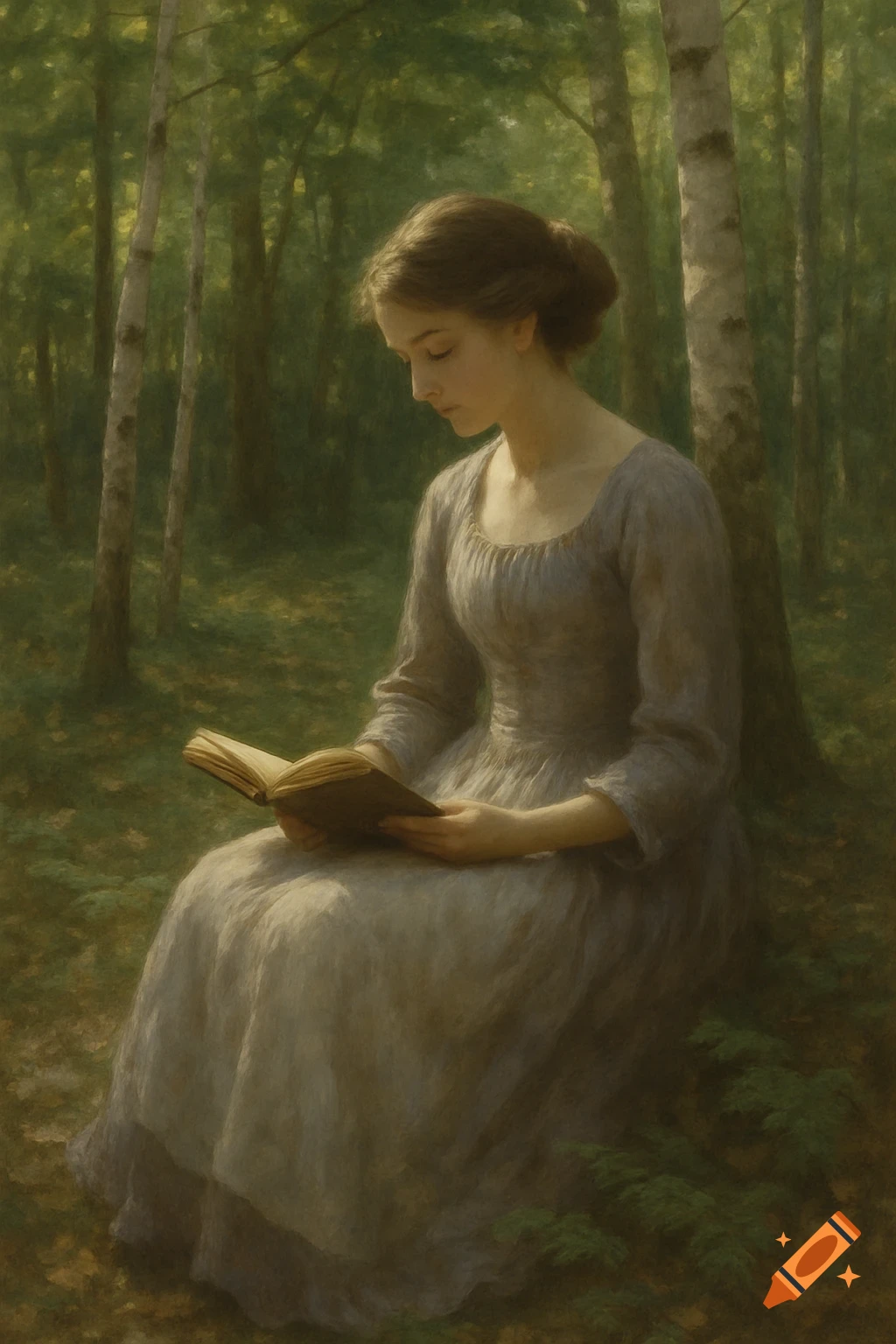 A young woman in a light dress sits in a lush forest, leaning against a birch tree, intently reading a book in a classical painting style.