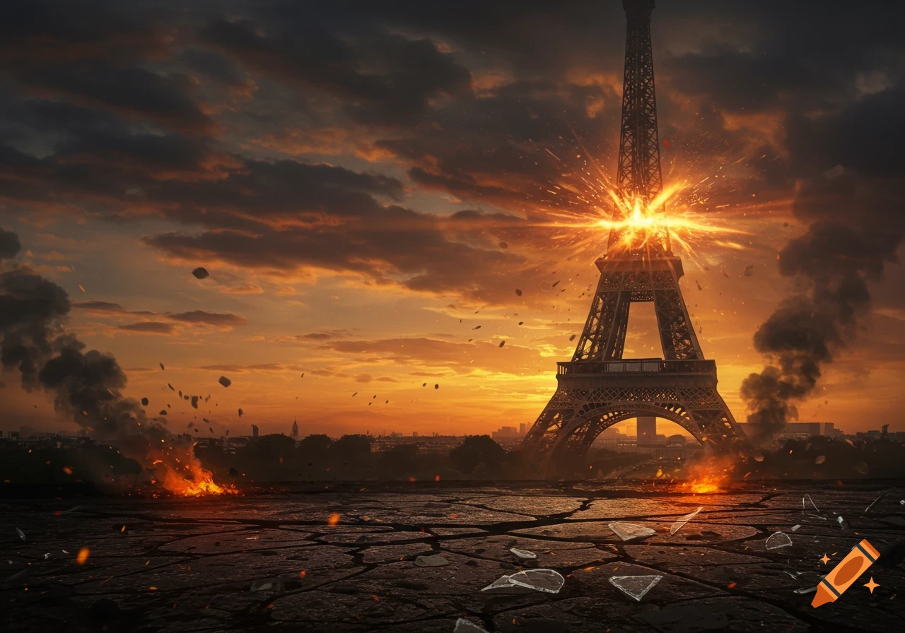 The Eiffel Tower explodes at sunset, with bright light, smoke, and debris rising amidst a cracked ground and fires, depicting a disaster scene.
