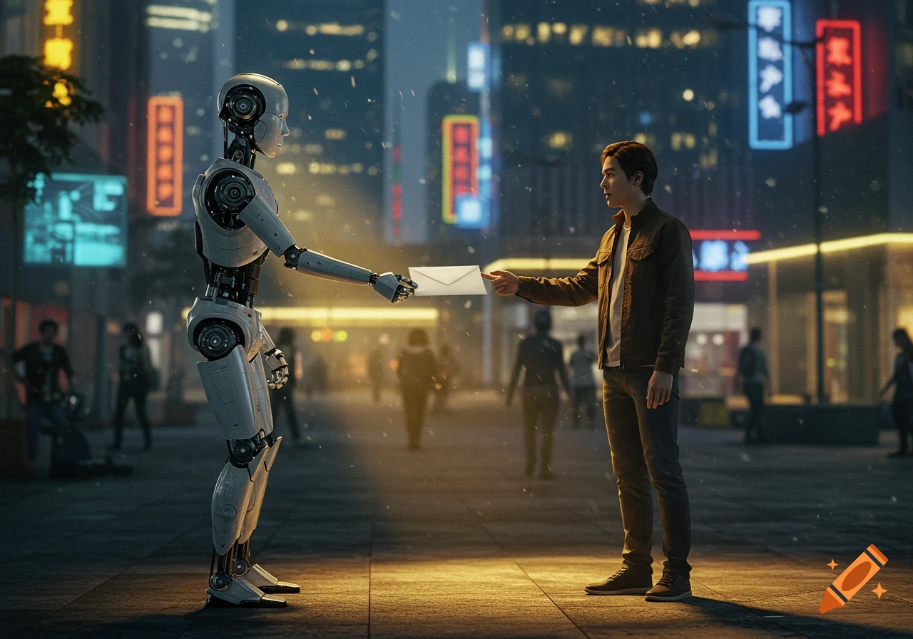 A humanoid robot hands a white envelope to a man in a futuristic city at night, with glowing neon signs.