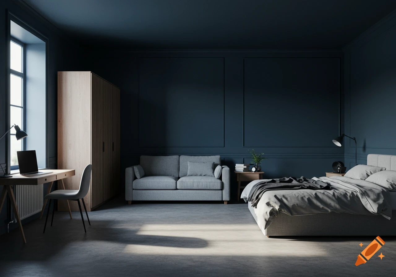 A modern bedroom and living space with dark blue walls, a gray floor, a bed with gray bedding, a gray sofa, a light wood wardrobe, and a desk with a laptop near a large window.