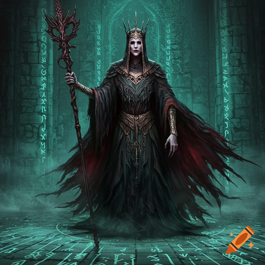 A regal dark fantasy sorceress in a spiky crown and dark robes holds a staff in an ancient, rune-covered hall.