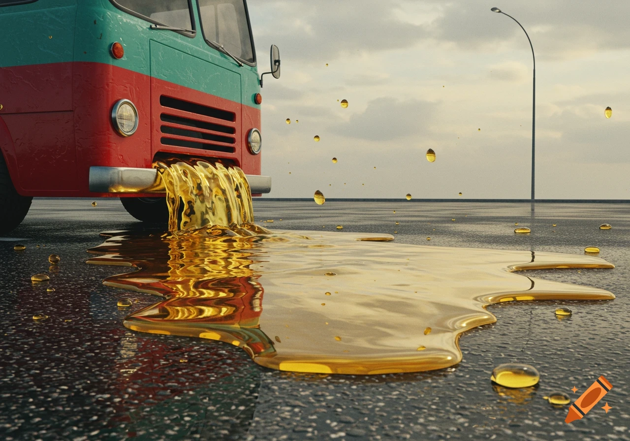 A red and teal bus leaks a large puddle of golden oil onto a wet asphalt road under a cloudy sky. Floating oil drops are in the air.