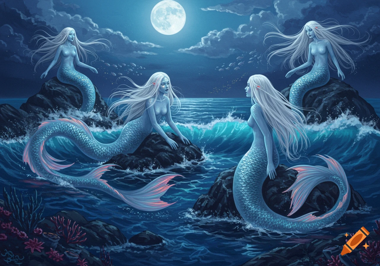 Four mermaids with long white hair and blue-grey skin sit on dark rocks in a moonlit ocean, with waves, coral, and distant fish. Fantasy art.