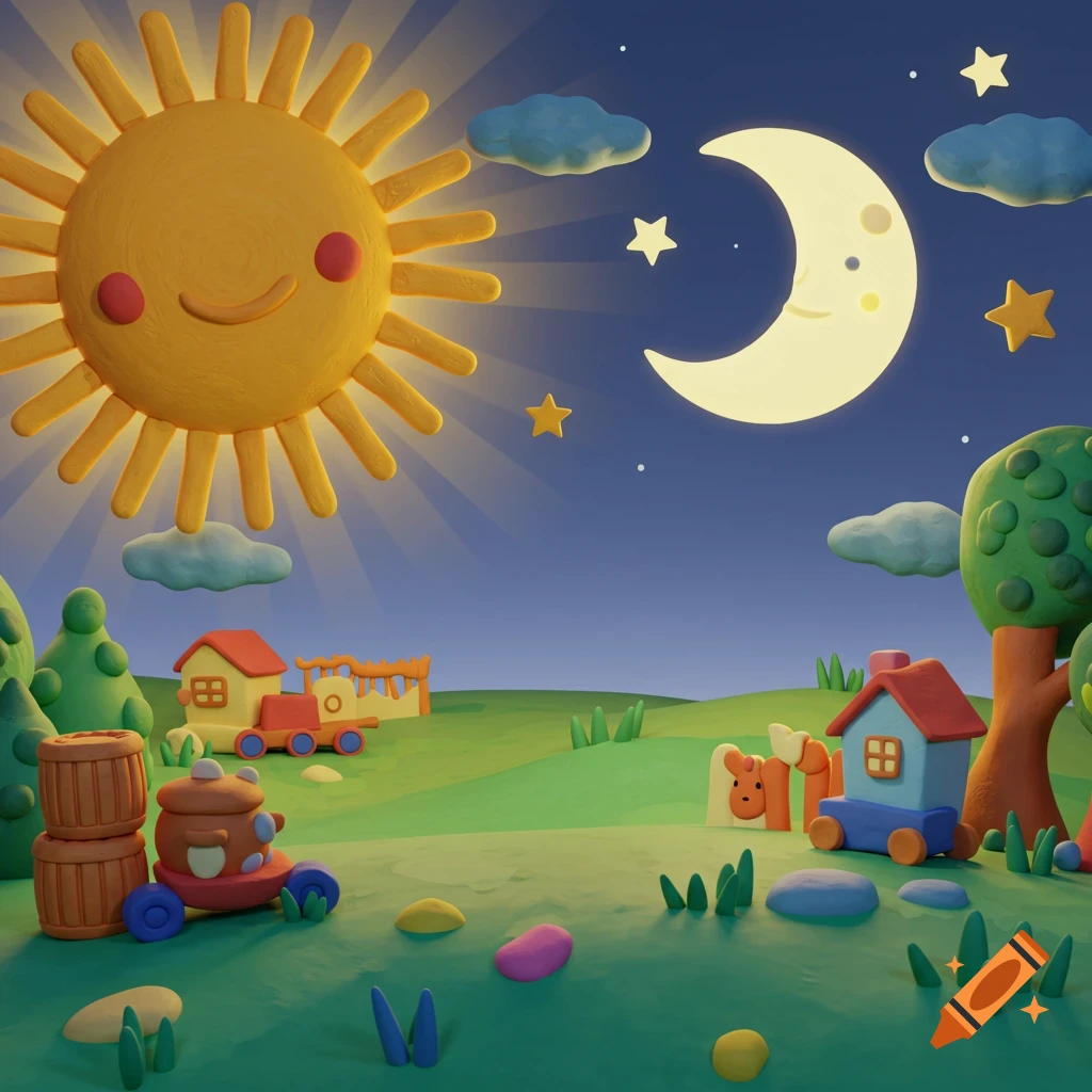 Whimsical claymation landscape with a smiling sun and moon in a twilight sky, stars, houses, and trees.