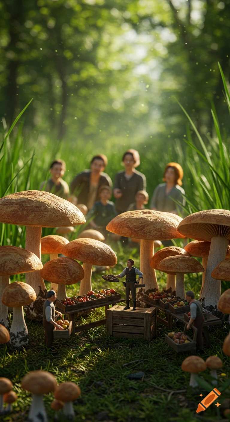 Tiny people harvest and sell produce from market stalls among giant mushrooms in a sunlit, photorealistic forest.