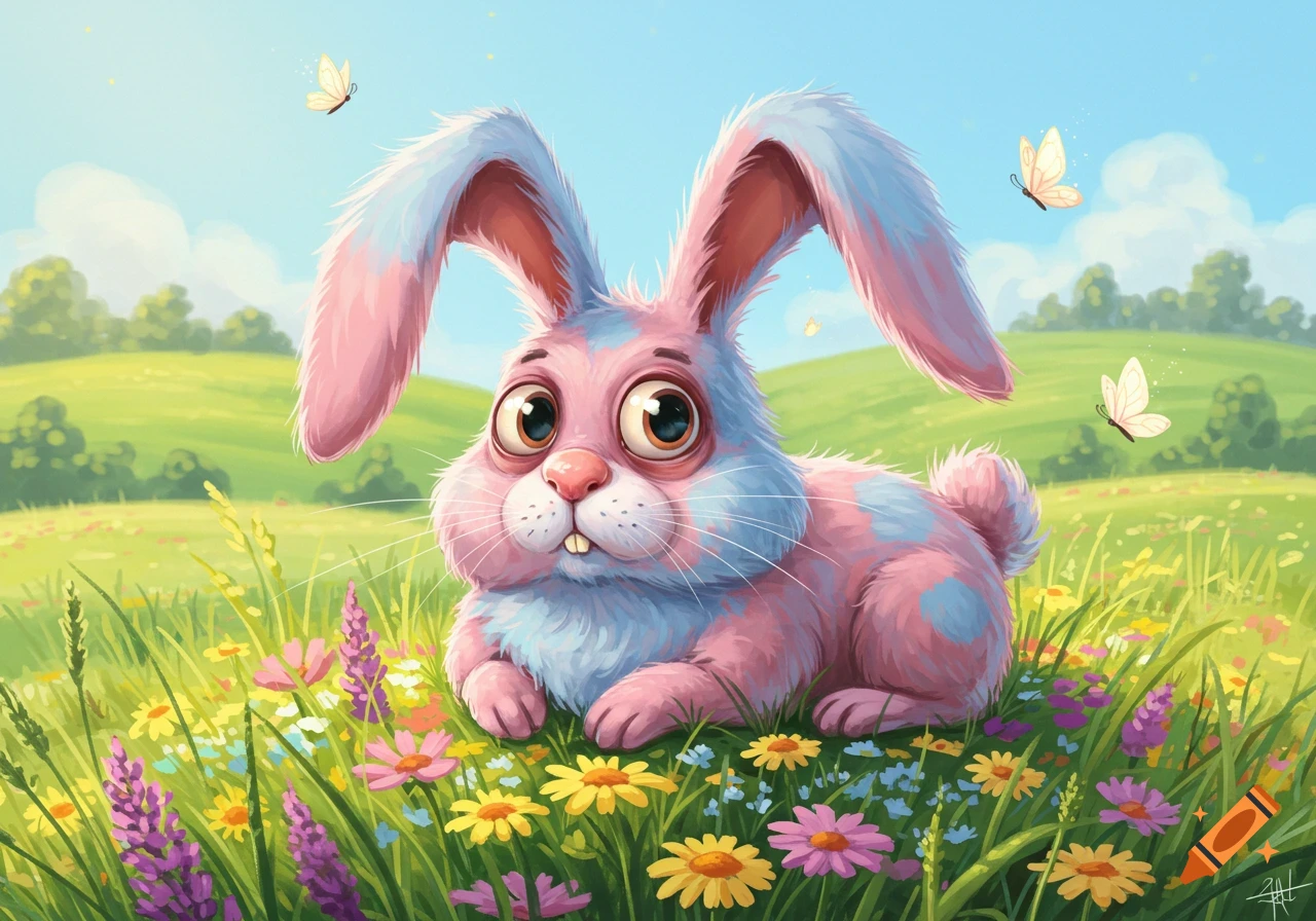 A cartoonish pink and blue bunny with big eyes lounges in a vibrant field of colorful wildflowers under a blue sky with butterflies.