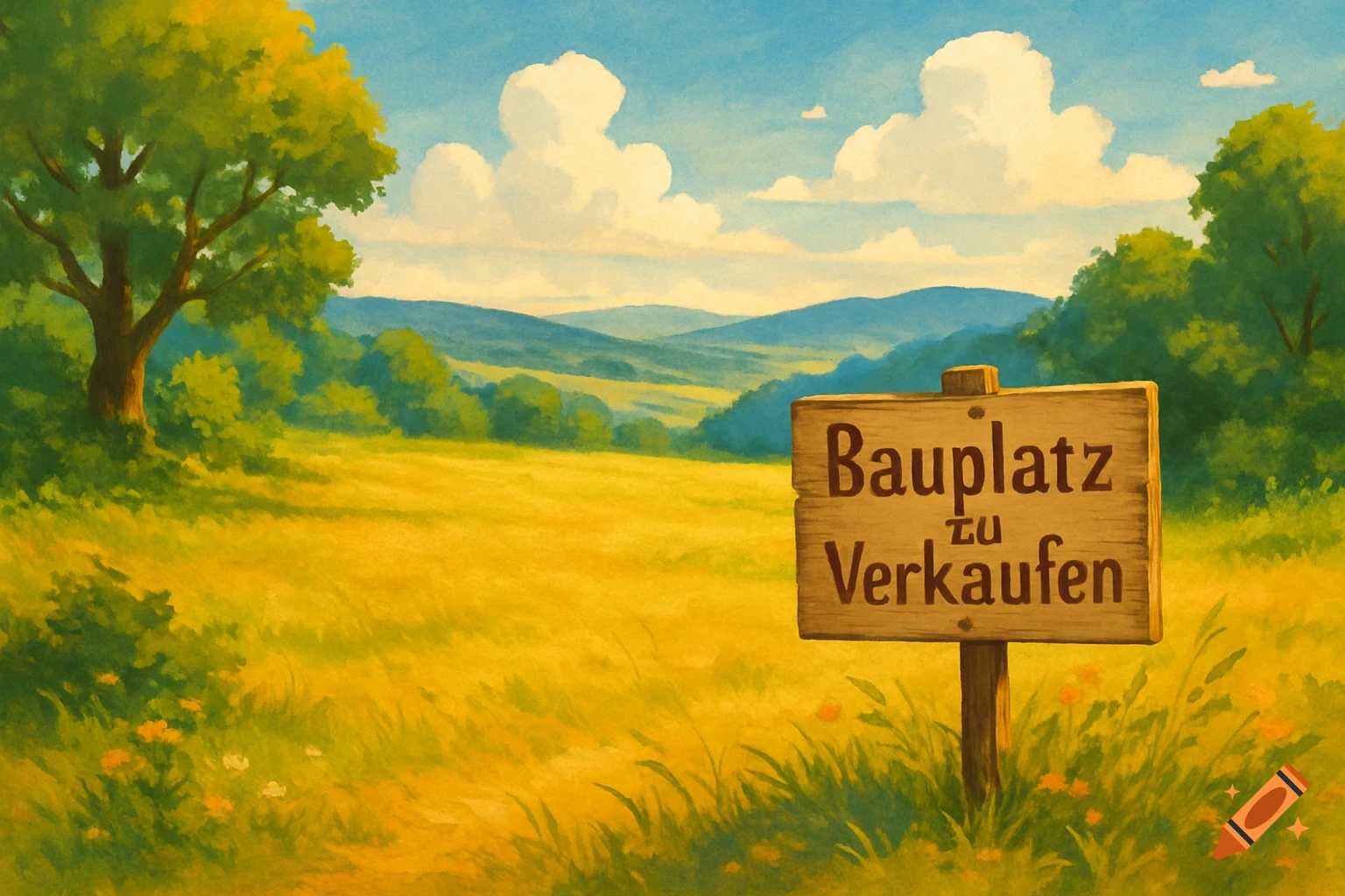 A vibrant painting of a golden field with green trees and rolling hills under a blue sky, featuring a wooden 'Bauplatz zu Verkaufen' sign.