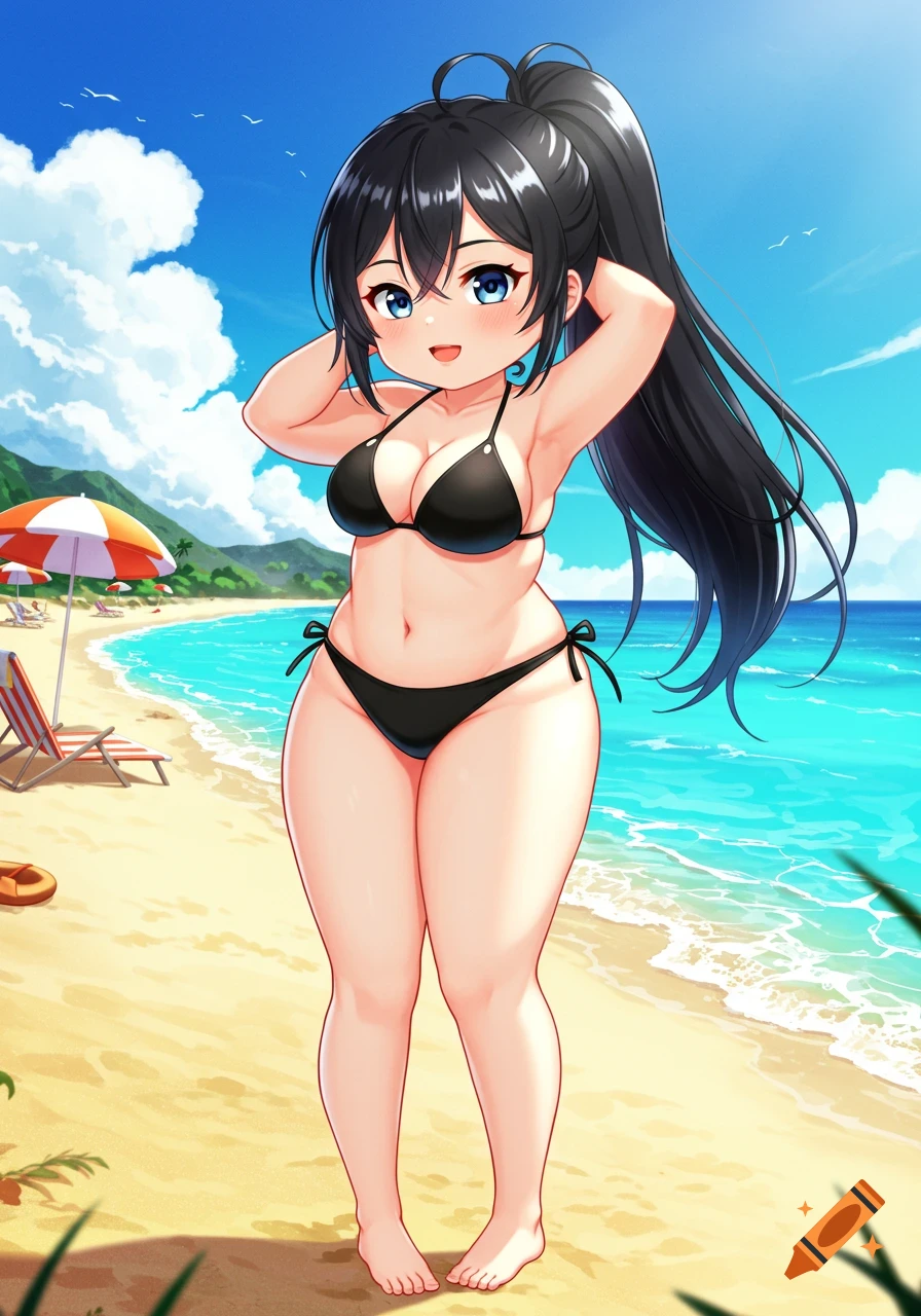 Anime girl with black hair in a ponytail, wearing a black bikini, posing on a sunny beach with the ocean and mountains in the background.