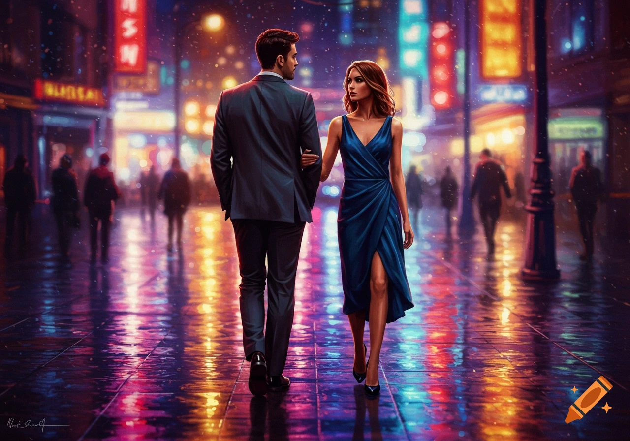 A stylish couple walks arm-in-arm on a wet city street at night, vibrant neon lights reflecting on the pavement.