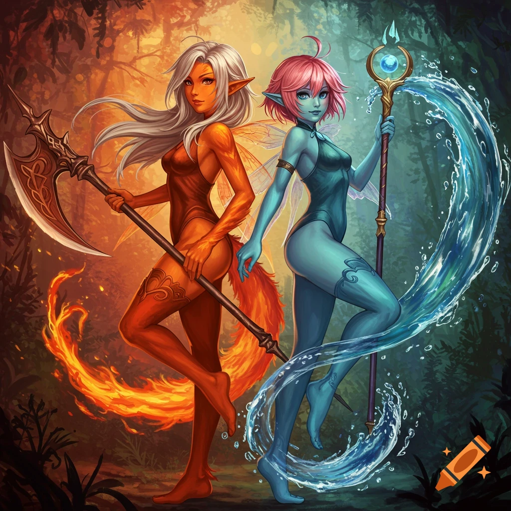 Two fantasy pixies, one orange with fire and an axe, the other blue with water and a staff, posed in a lush forest.