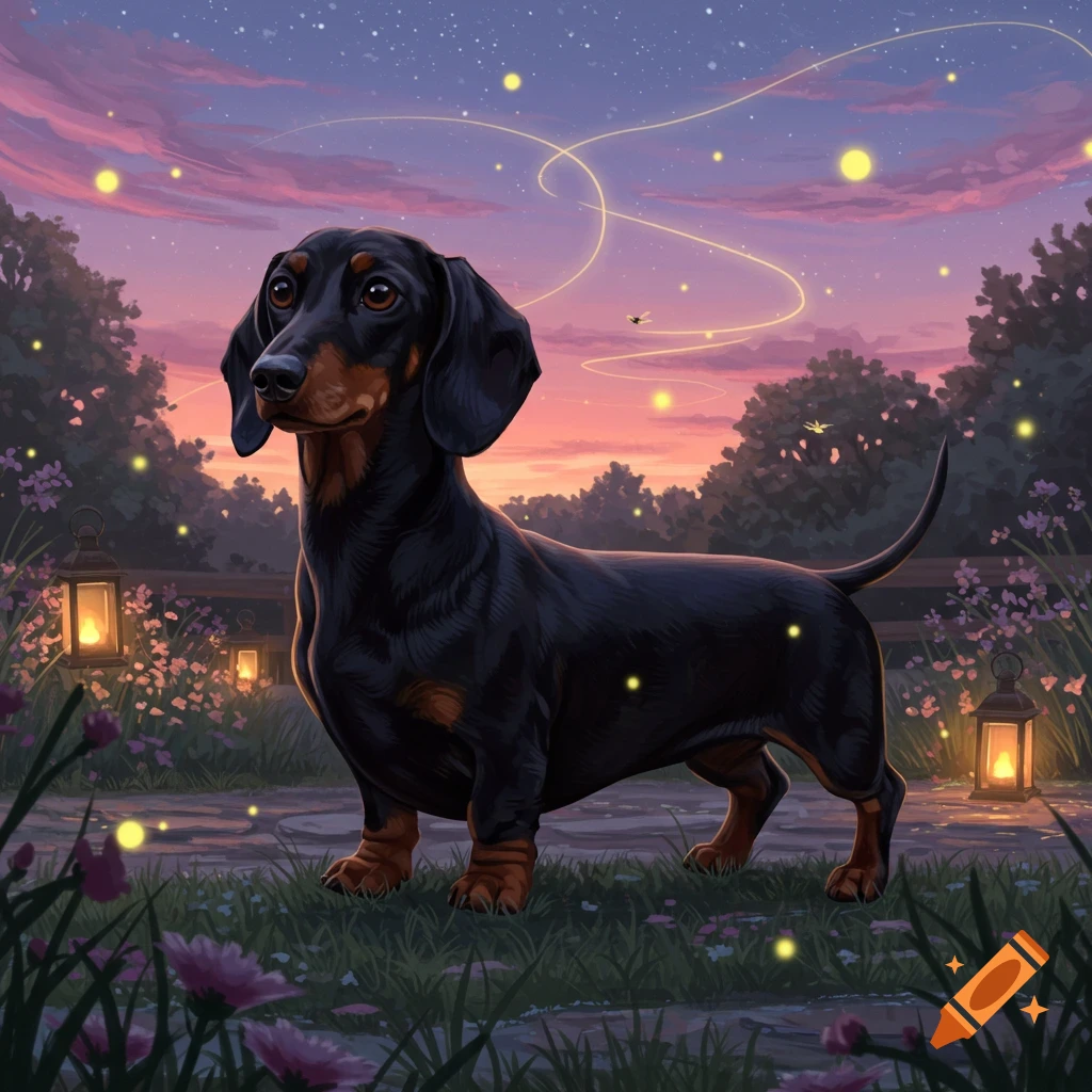 A black and tan dachshund stands in a whimsical garden at dusk with glowing fireflies and lanterns, illustrated in a painterly style.
